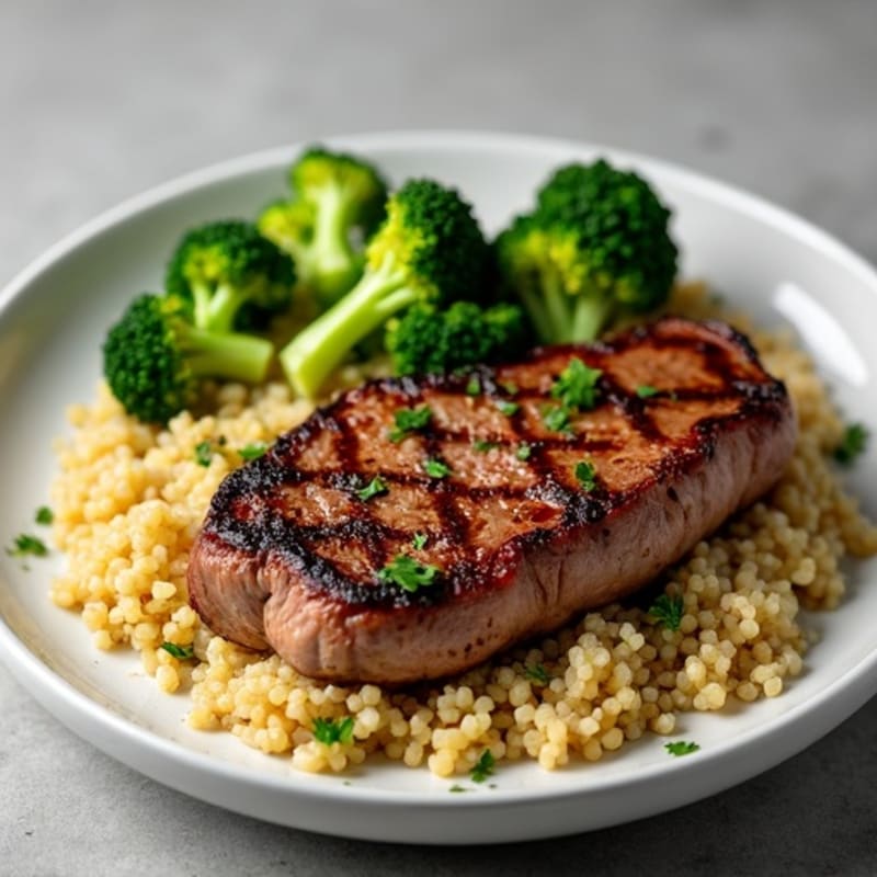 Seared Sirloin with Garlic Roasted Broccoli and Quinoa