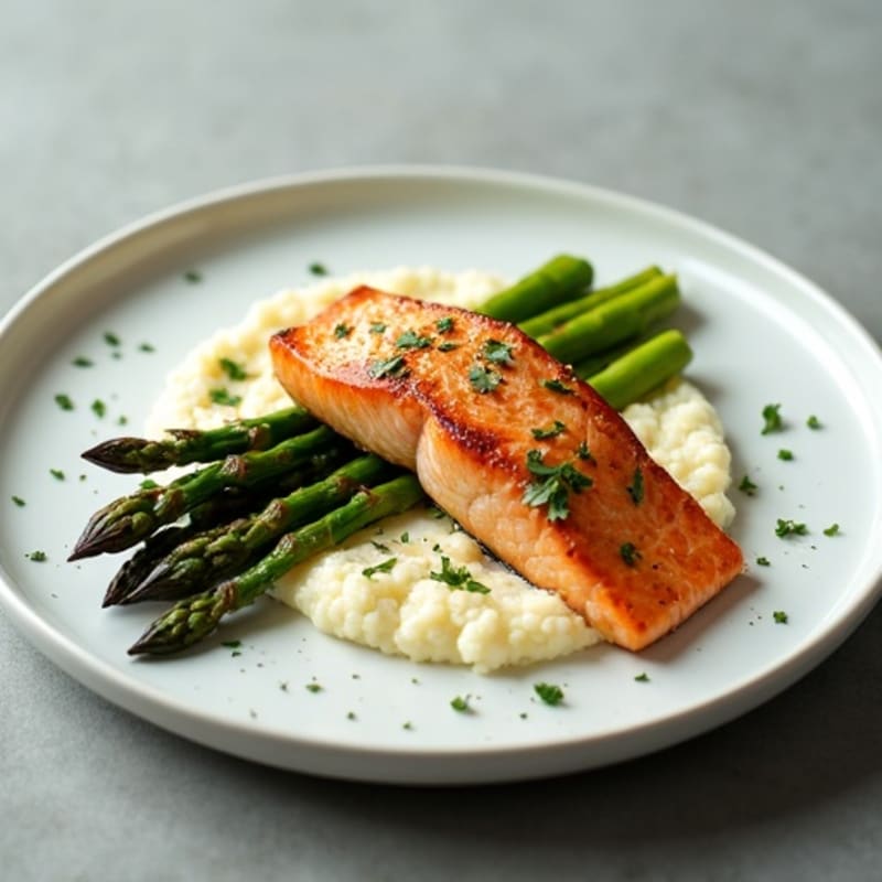 Seared Salmon with Roasted Asparagus and Cauliflower Mash