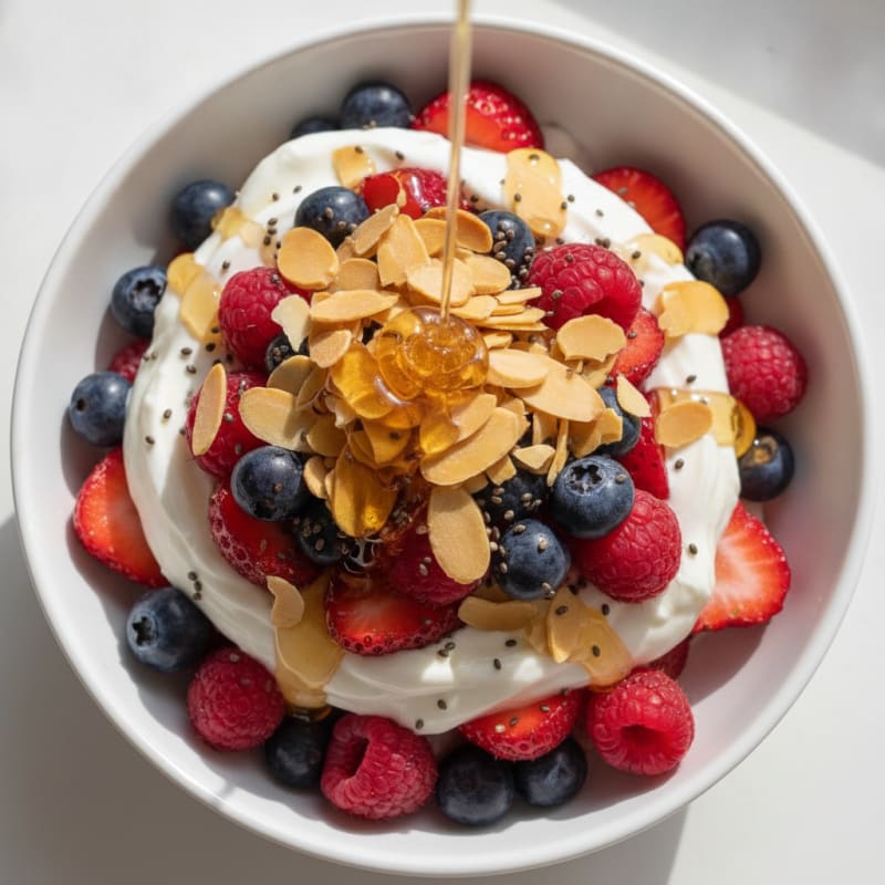 Greek Yogurt Protein Parfait with Mixed Berries and Almonds