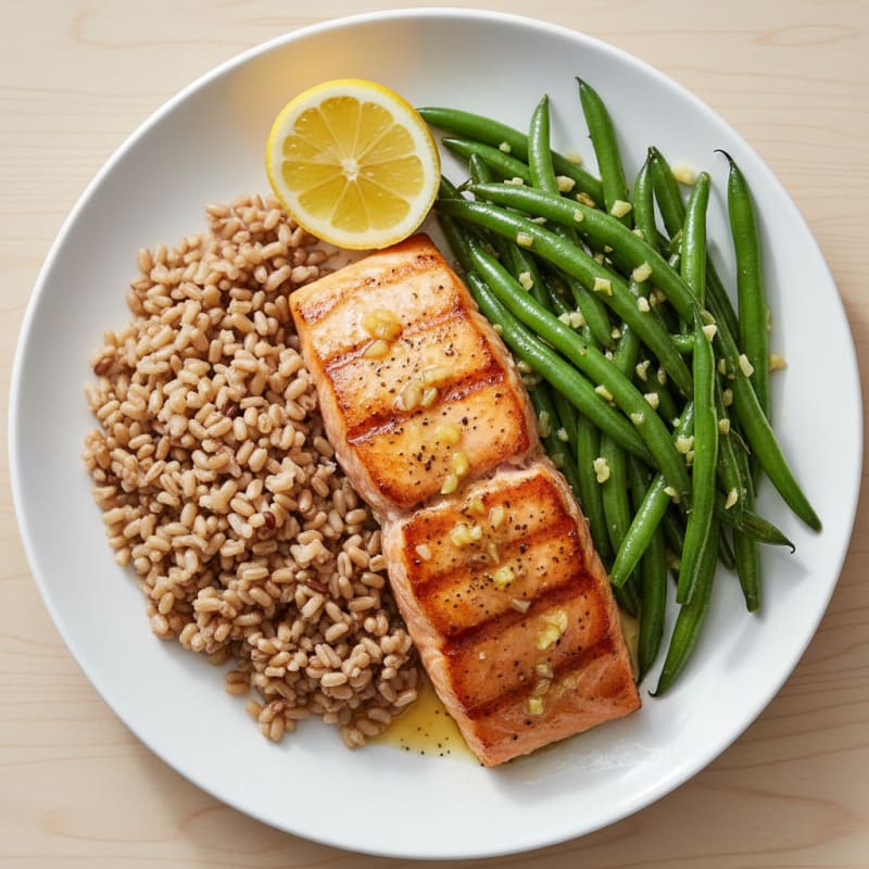 Seared Salmon with Garlic Green Beans and Brown Rice