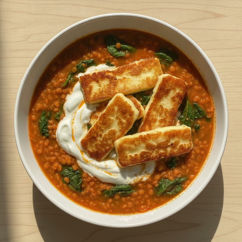 Creamy Lentil and Spinach Stew with Grilled Halloumi
