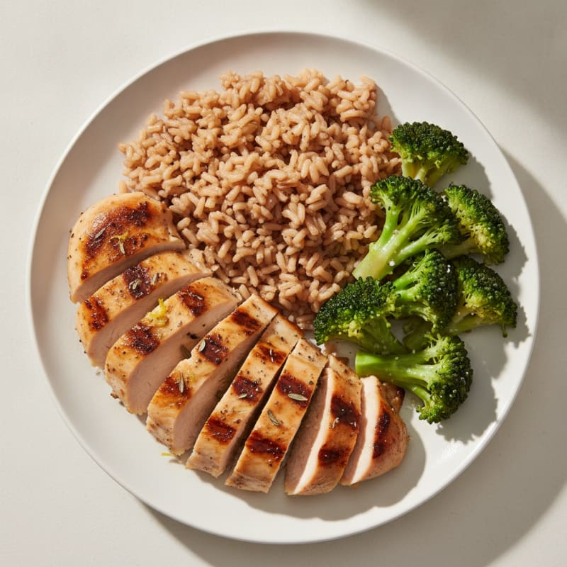 Grilled Chicken Breast with Brown Rice and Steamed Broccoli