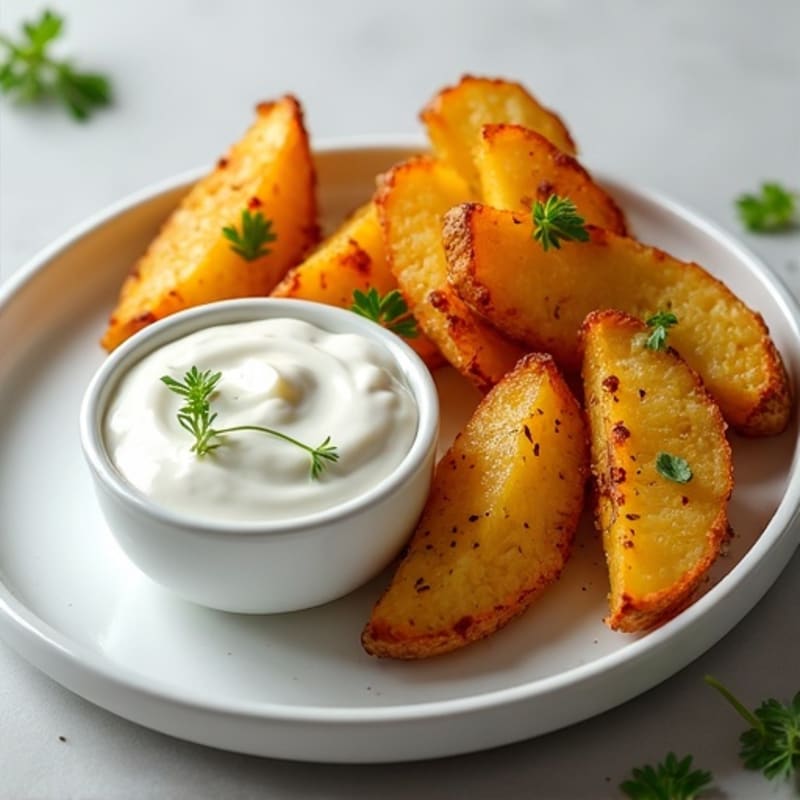 Crispy Air Fryer Garlic-Herb Potato Wedges with Protein-Boosted Yogurt Dip