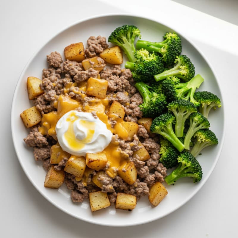 Creamy Beef and Potato Skillet with Steamed Broccoli
