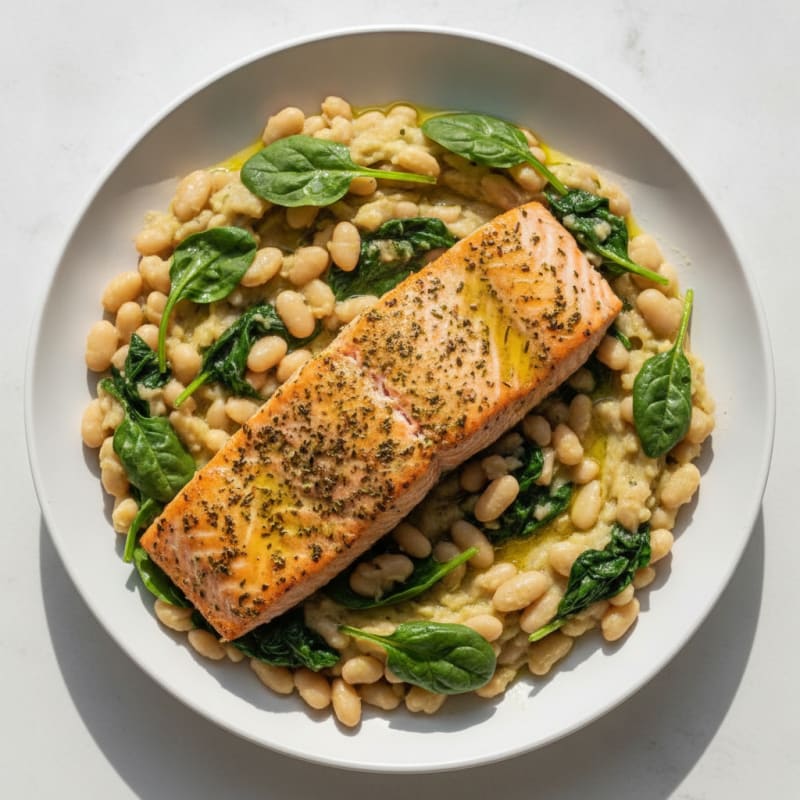 Herb-Rubbed Baked Salmon with Garlic Mashed White Beans