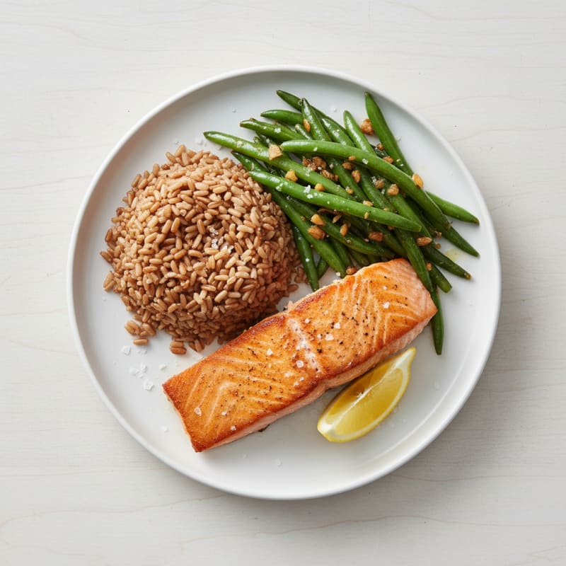 Seared Salmon with Garlic Green Beans and Brown Rice