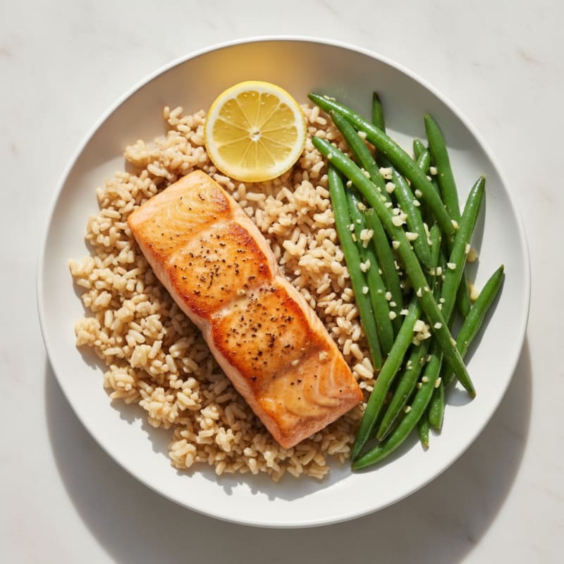 Seared Salmon with Garlic Green Beans and Brown Rice