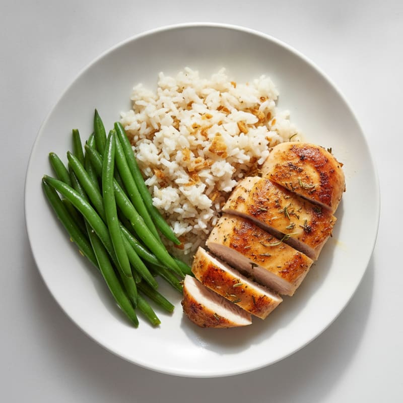 Herb-Roasted Chicken Breast with Garlic Rice and Steamed Green Beans