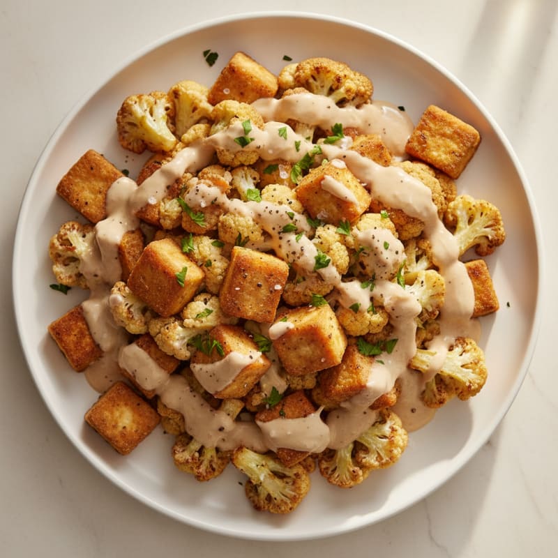 Roasted Cauliflower and Tofu with Tahini Drizzle