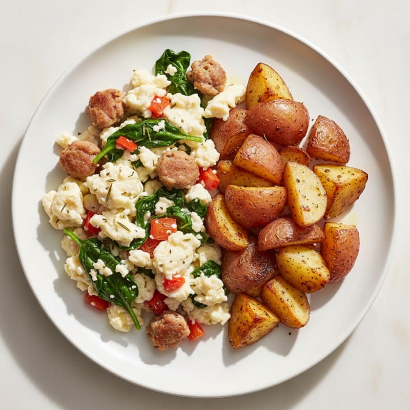Egg White and Chicken Sausage Scramble with Roasted Potatoes