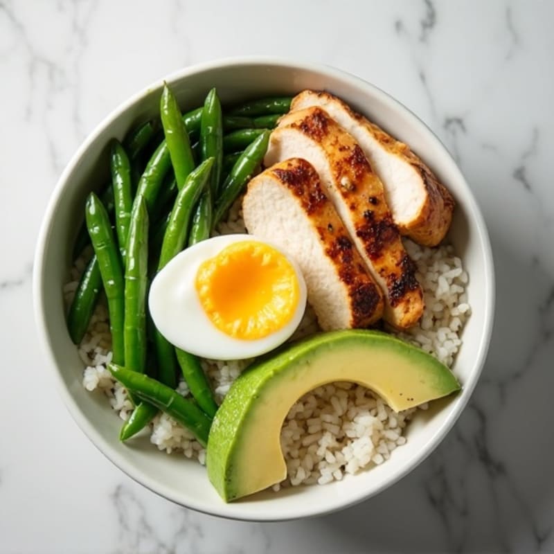 Grilled Chicken and Avocado Rice Bowl with Green Beans