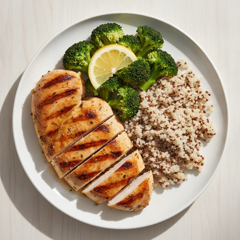Grilled Chicken Breast with Steamed Broccoli and Quinoa