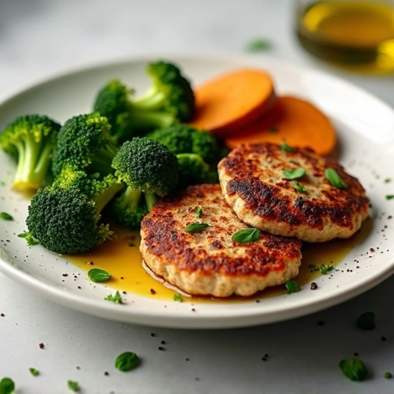 Seared Turkey Patties with Roasted Broccoli and Sweet Potato