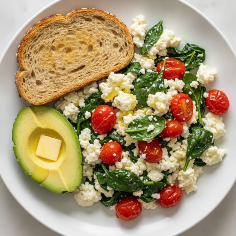 Cottage Cheese Egg White Scramble with Spinach and Cherry Tomatoes