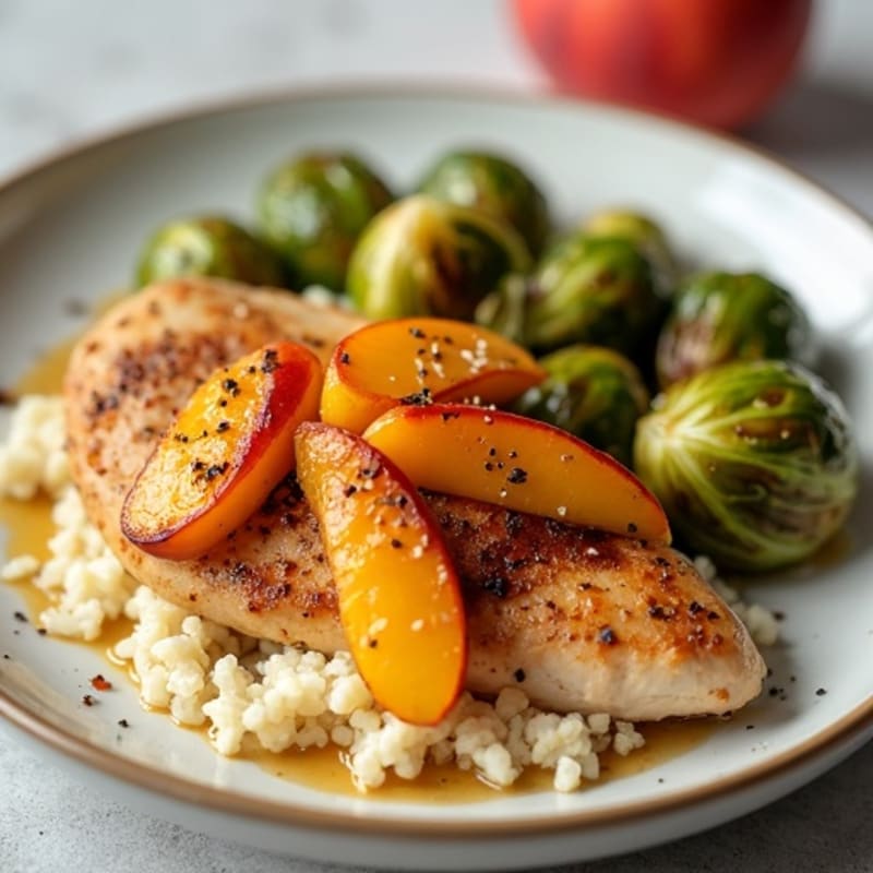 Pan-Seared Chicken with Warm Cinnamon Peach Compote and Crispy Brussels Sprouts