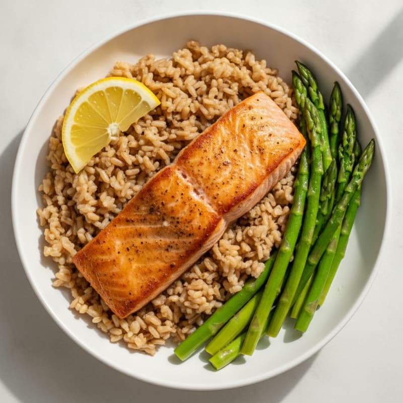 Seared Salmon with Steamed Asparagus and Brown Rice