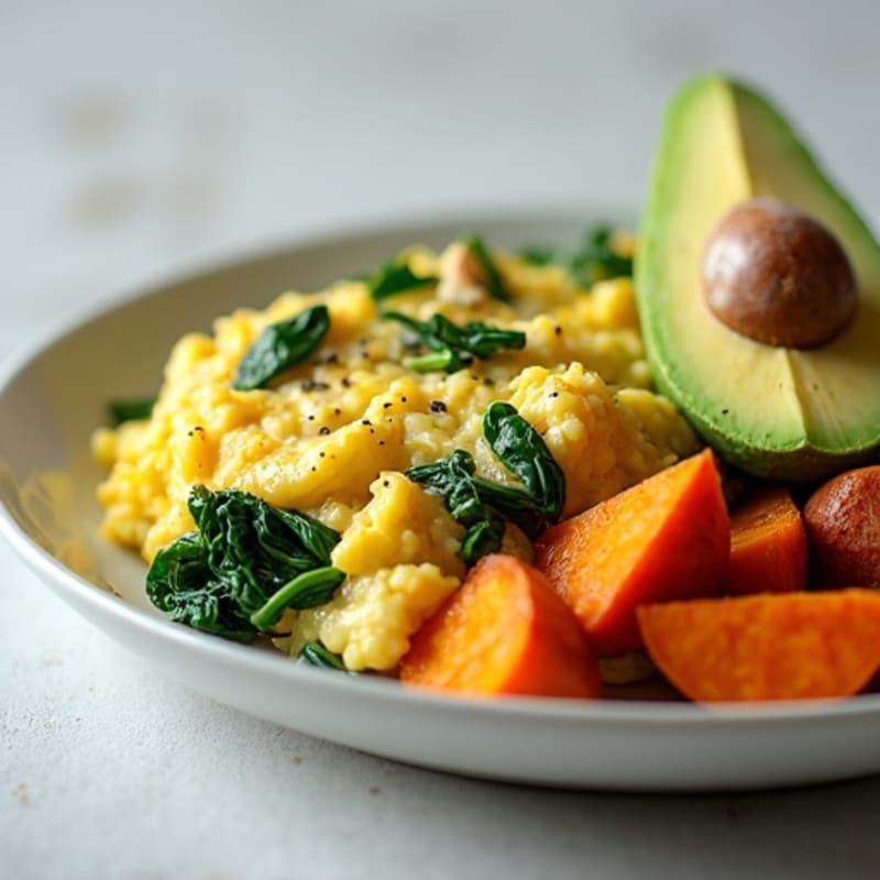 Egg White and Turkey Spinach Scramble with Roasted Sweet Potatoes
