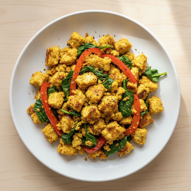 Silky Tofu Scramble with Spinach and Bell Peppers
