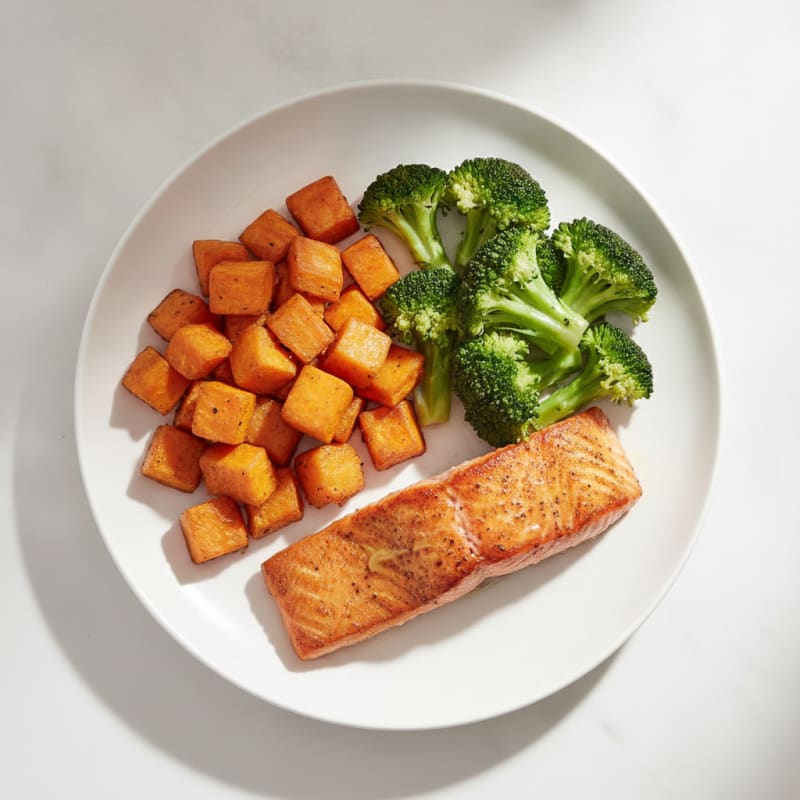 Seared Salmon with Roasted Sweet Potato and Steamed Broccoli