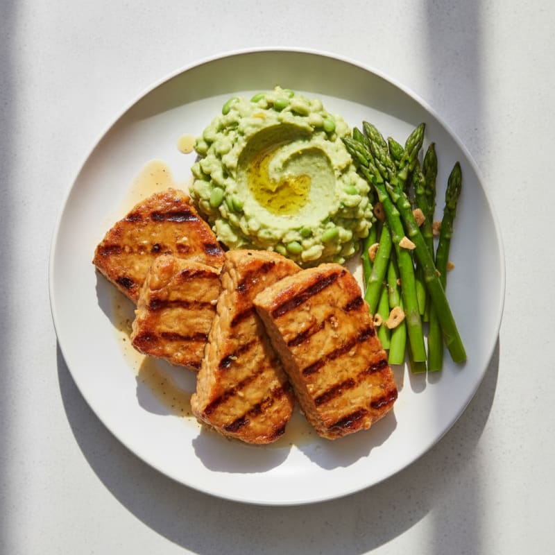 Grilled Tempeh Steaks with Steamed Asparagus and Edamame Mash