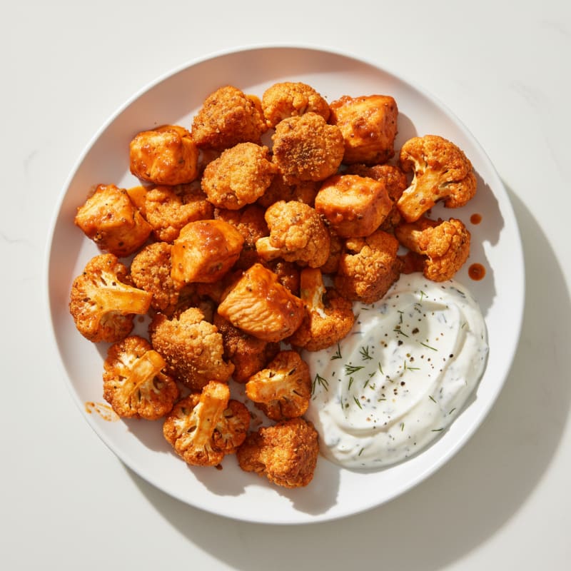 Crispy Buffalo Cauliflower and Chicken Bites with Ranch