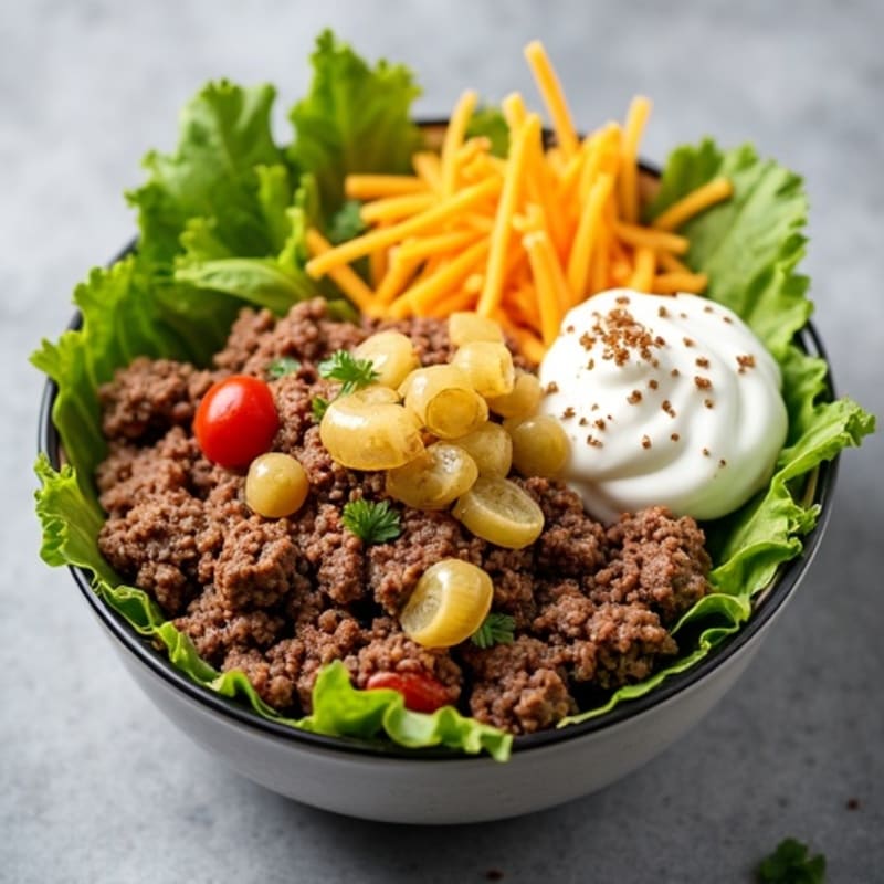 Protein-Packed Ground Beef Bowl with Creamy Big Mac Style Dressing