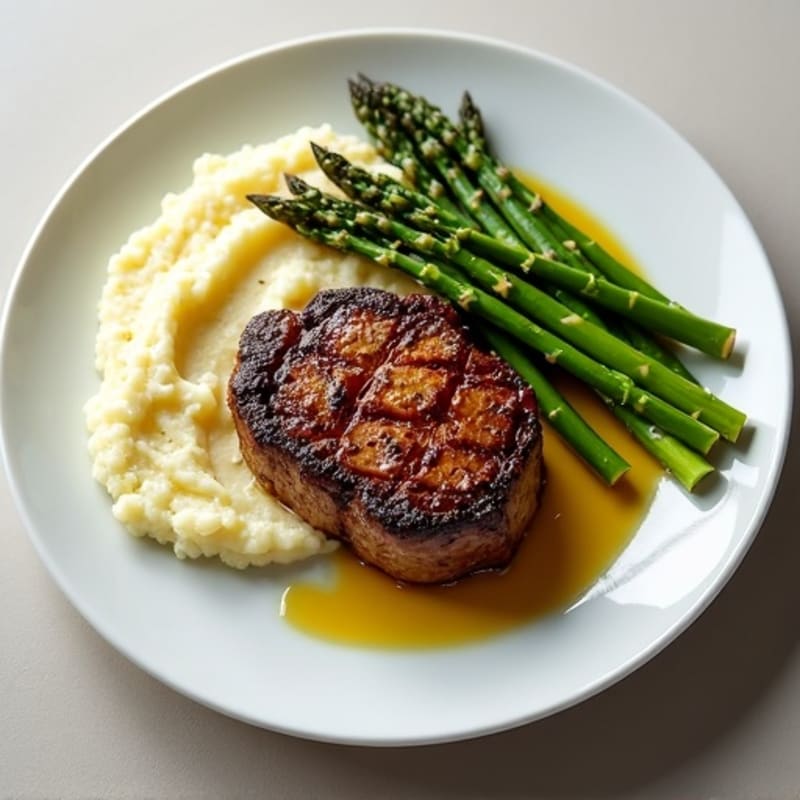 Seared Sirloin Steak with Steamed Asparagus and Mashed Cauliflower