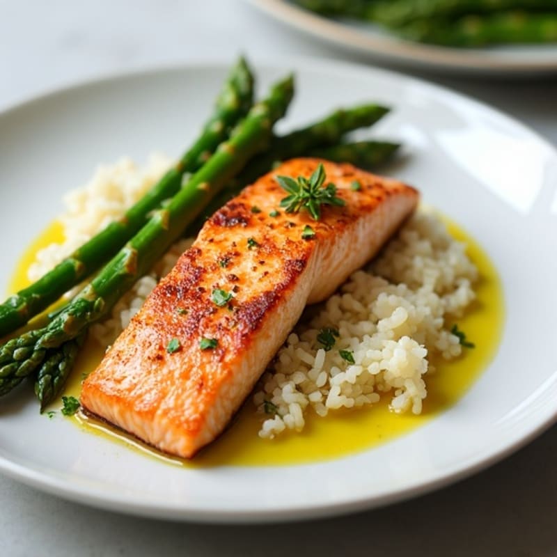 Seared Salmon with Steamed Asparagus and Cauliflower Rice
