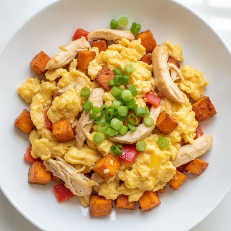 Silky Scrambled Eggs with Shredded Chicken and Roasted Sweet Potatoes