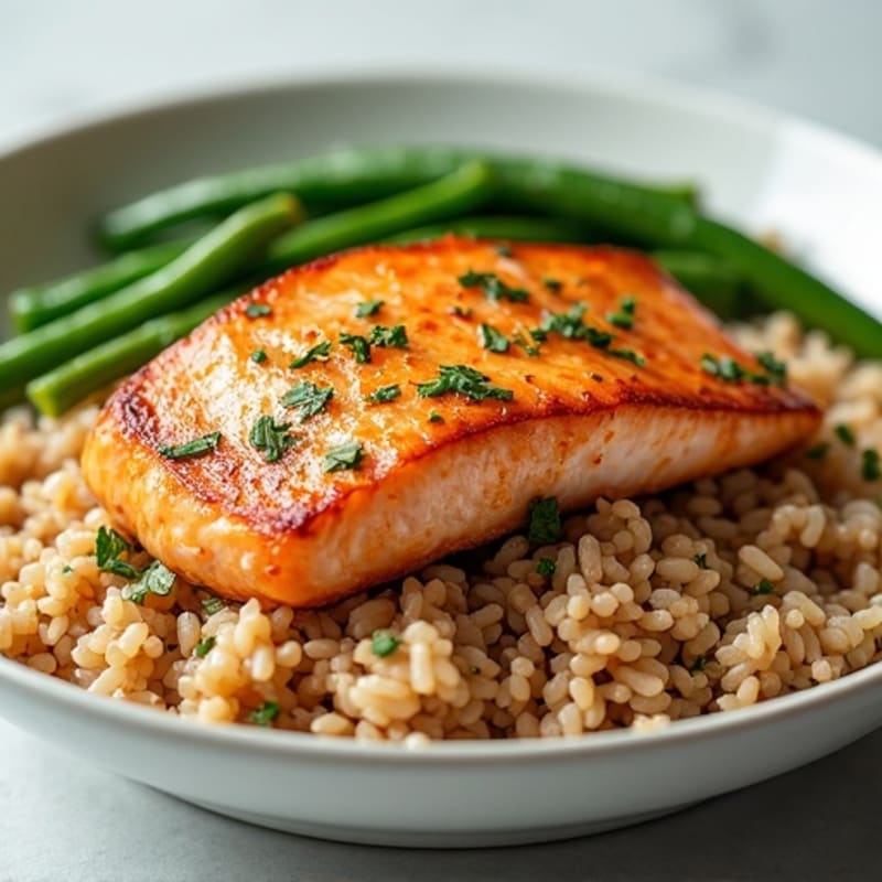 Seared Salmon with Steamed Green Beans and Brown Rice