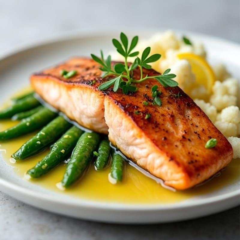 Seared Salmon with Garlic Green Beans and Cauliflower Mash