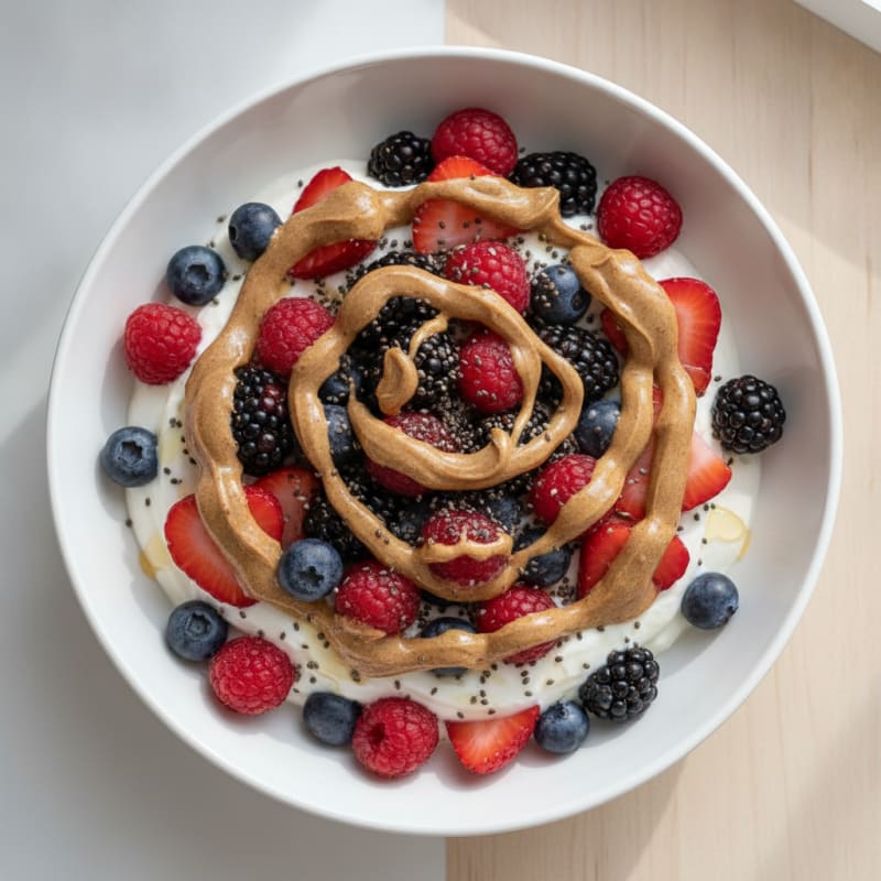 Creamy Greek Yogurt Parfait with Mixed Berries, Chia Seeds and Almond Butter