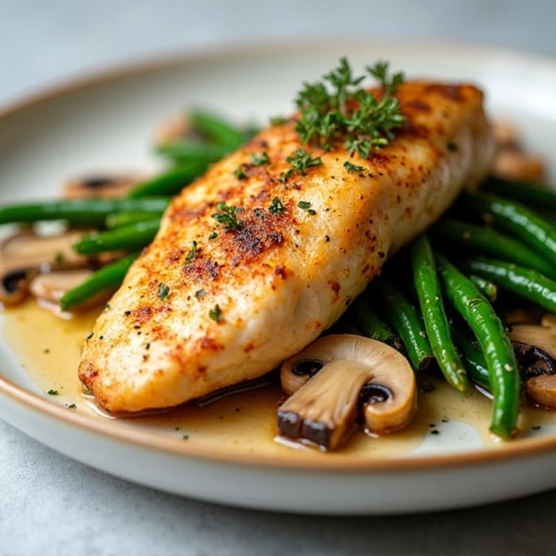 Seared Chicken Breast with Garlic Butter Roasted Mushrooms and Crispy Green Beans
