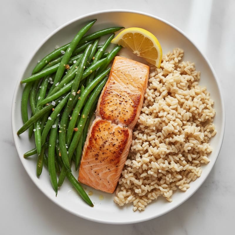 Seared Salmon with Garlic Green Beans and Brown Rice