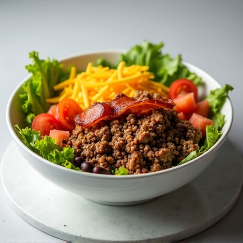 Lean Ground Beef Cheeseburger Bowl with Crispy Turkey Bacon