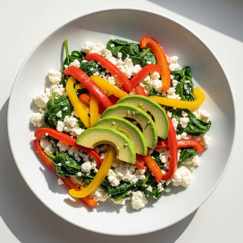 Egg White Spinach Scramble with Cottage Cheese and Sautéed Peppers