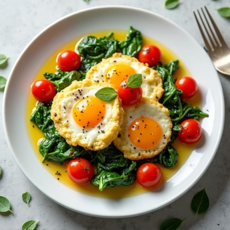 Fluffy Scrambled Eggs with Sautéed Spinach and Cherry Tomatoes