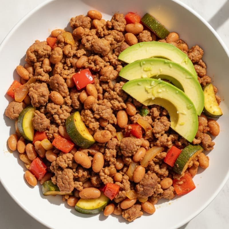 Lean Beef and Pinto Bean Bowl with Sautéed Vegetables and Avocado