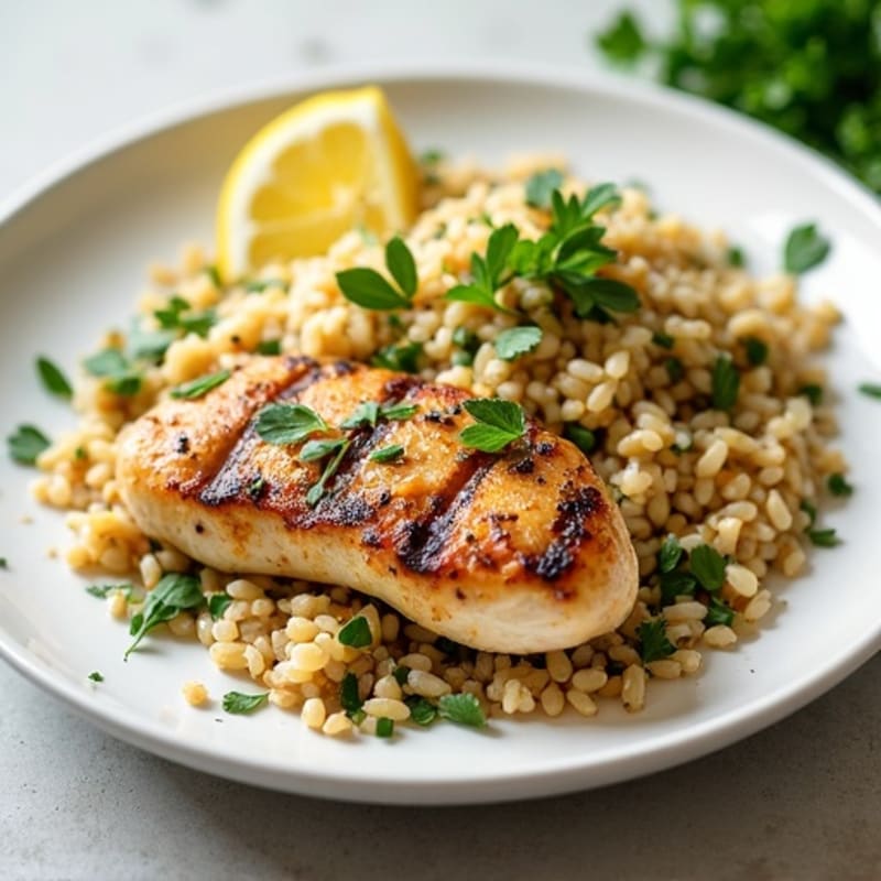 Fresh Herb and Lemon Rice Pilaf with Toasted Pine Nuts and Grilled Chicken