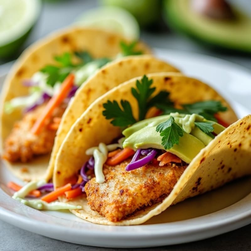 Crispy Baked Fish Tacos with Fresh Slaw and Creamy Avocado Sauce