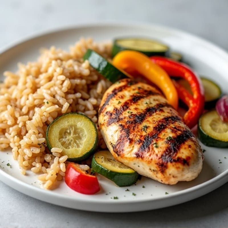 Grilled Chicken Breast with Roasted Vegetables and Brown Rice