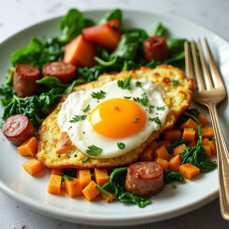 Egg White and Turkey Sausage Scramble with Sautéed Spinach and Sweet Potato