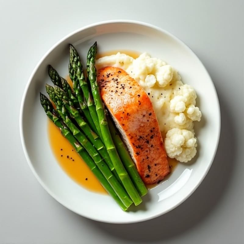 Seared Salmon with Steamed Asparagus and Cauliflower Mash