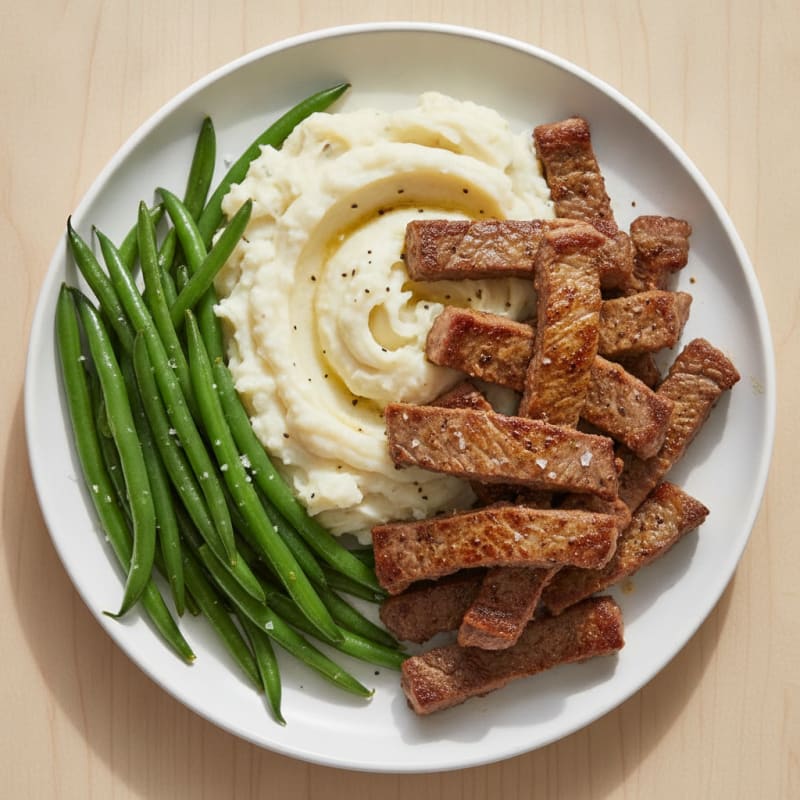 Seared Beef Strips with Garlic Mashed Potatoes and Green Beans