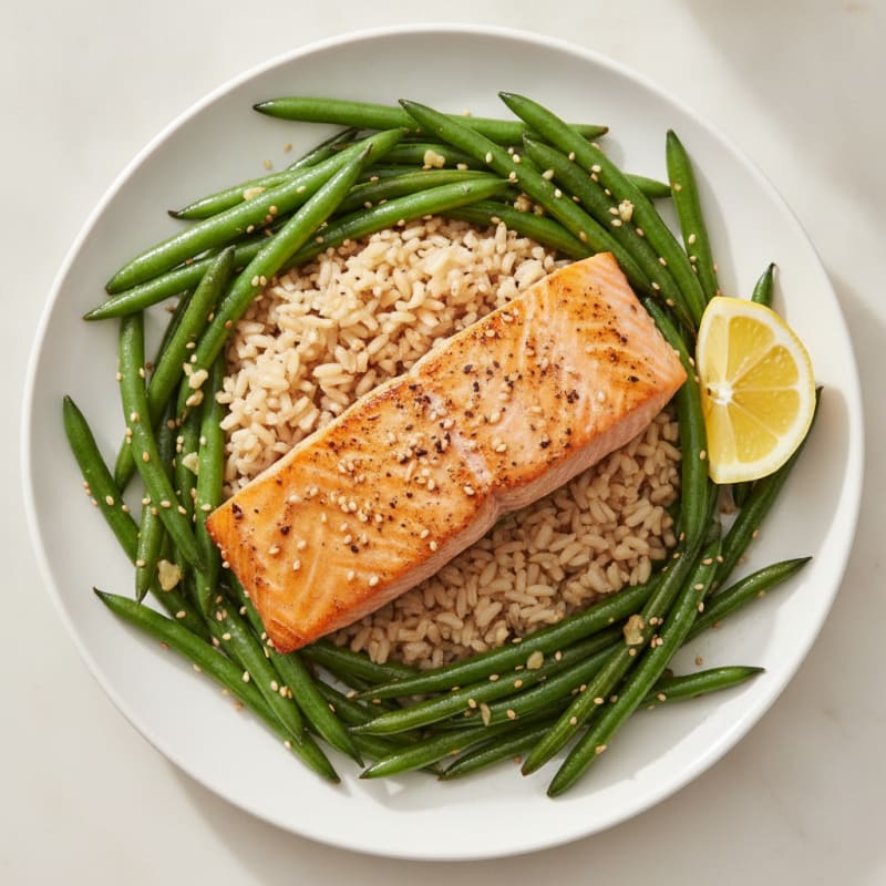 Seared Salmon Fillet with Garlic Green Beans and Brown Rice