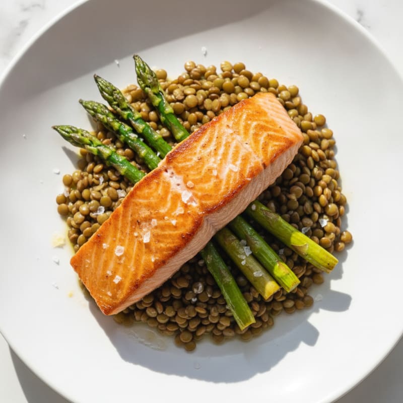 Seared Salmon with Roasted Asparagus and Lentils