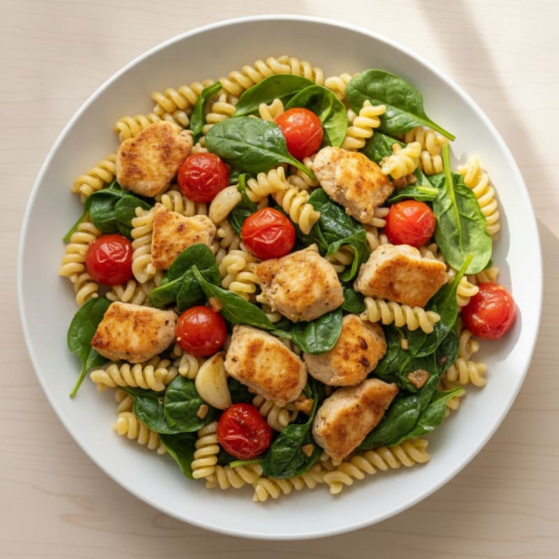 Chicken and Spinach Protein Pasta with Roasted Tomatoes