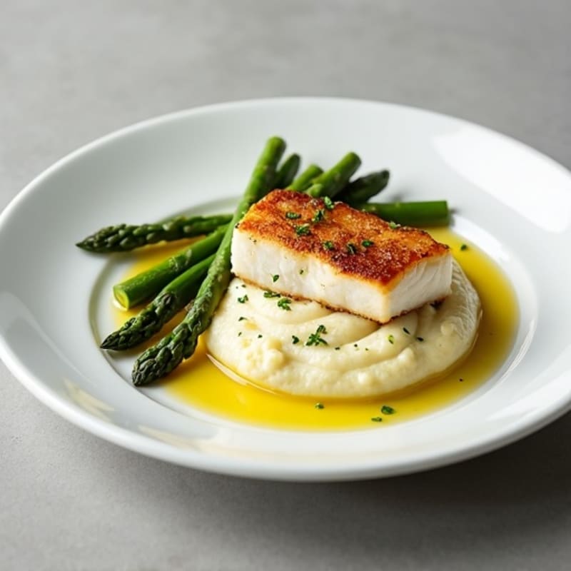Seared Cod with Steamed Asparagus and Cauliflower Mash