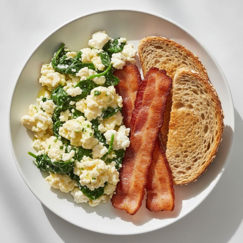 Cottage Cheese Scramble with Spinach and Turkey Bacon