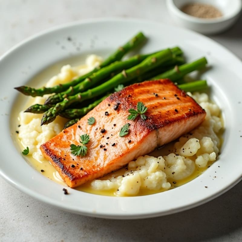 Seared Salmon with Steamed Asparagus and Cauliflower Mash